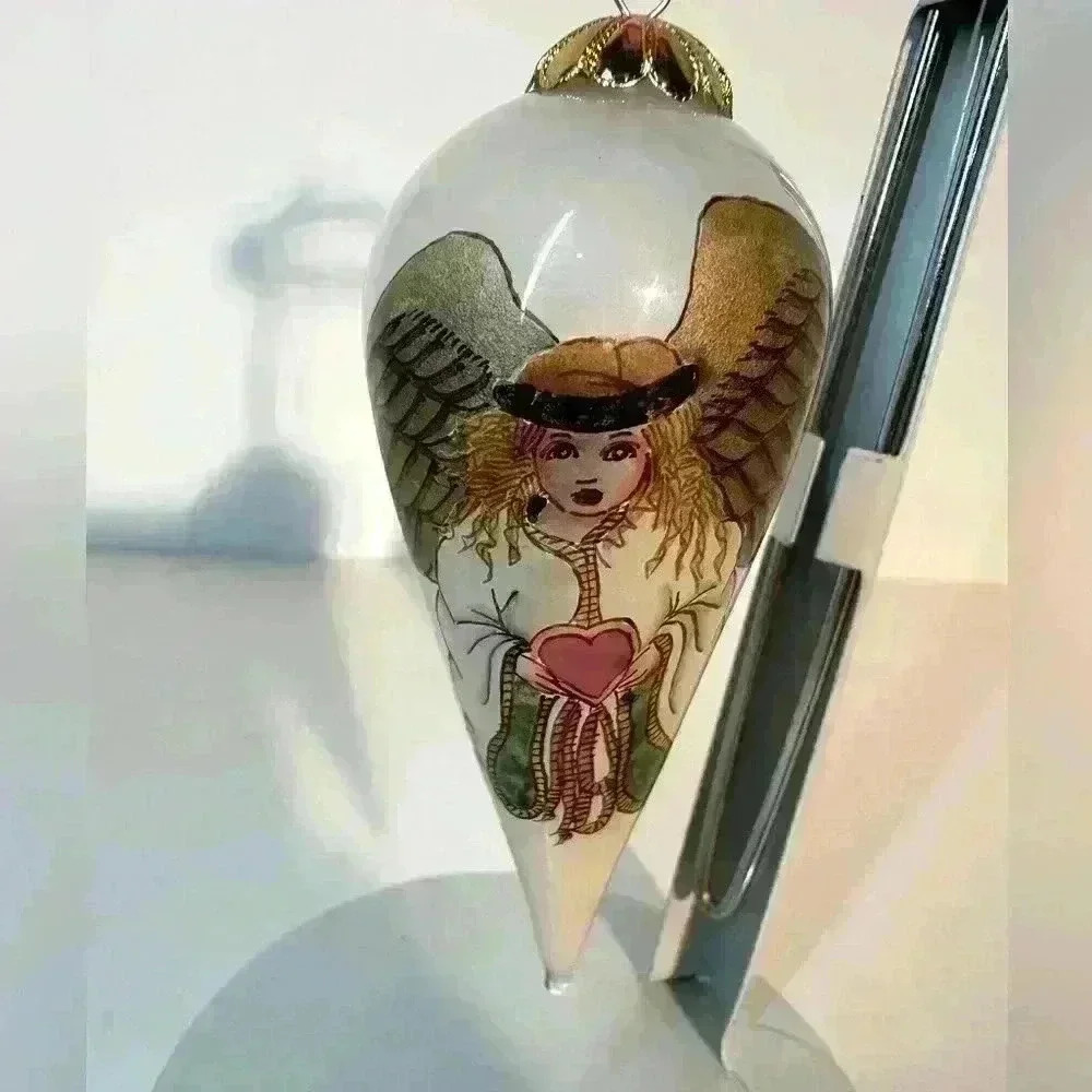 Bill Yee 1995 Angel Inside Hand Painted Glass Christmas Ornament with Box 4”